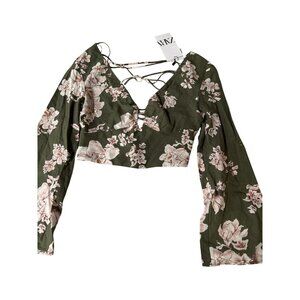 Zara Green & Pink Floral Linen Blend Lace-Up Crop Top XS